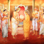 Picture in the Temple of Sacred Tooth Buddha on Sri Lanka on which it is represented: The Arahath Kema presented King Brahmadatta of Kalinga with the Sacred Tooth Relic for veneration